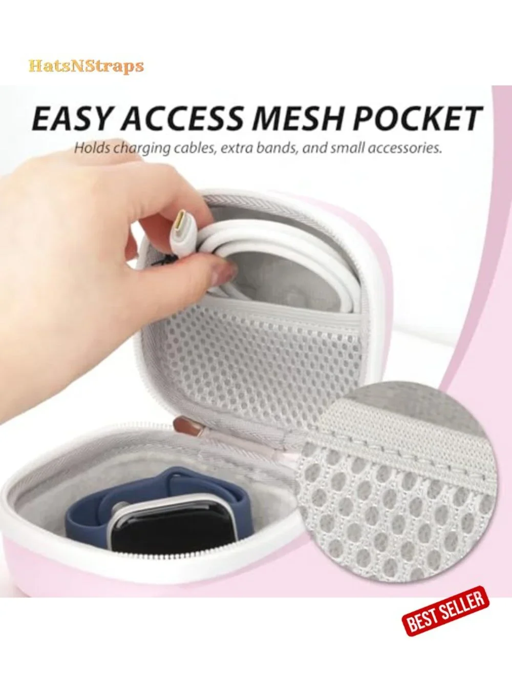 Hard Travel Watch Case with Carabiner, EVA & PU Shell, Plush Lined, Mesh Pocket